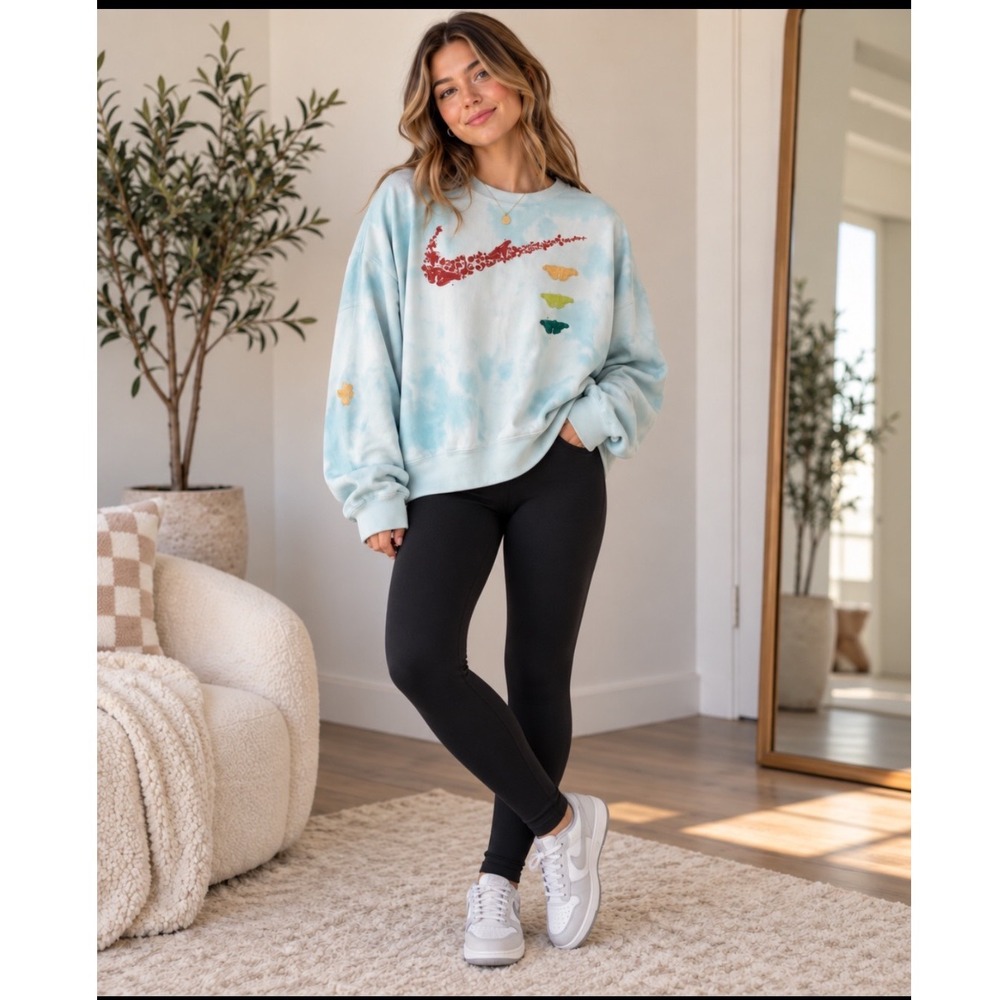 Nike Blue Tie Dye Crewneck Sweatshirt Distressed Red Swoosh Oversized